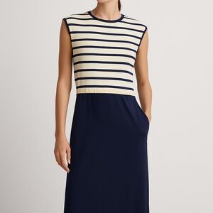 Zara Navy and Cream Striped Midi Dress